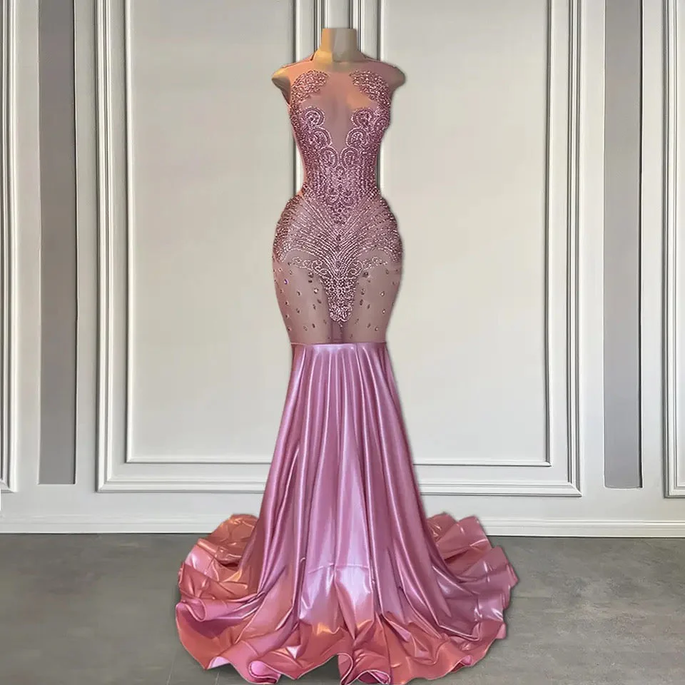 Long Pink Sleeveless Mermaid Prom Dress Featuring Beadings - Image 2