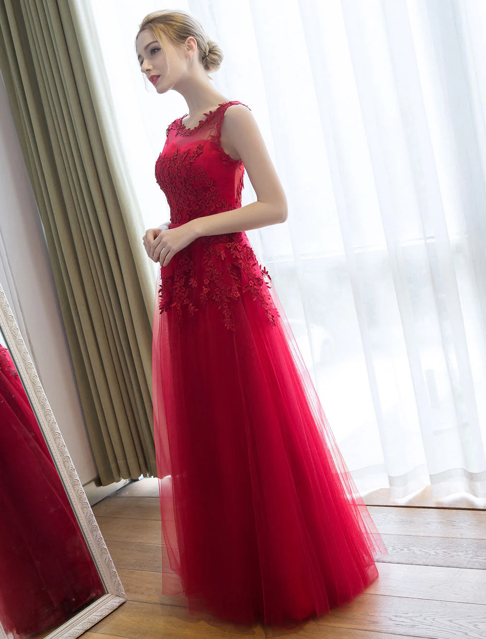 Glamorous Long Evening Dresses Lace Cameo Pink Party Dress A Line Applique Tulle Maxi Formal Dress - Image 13