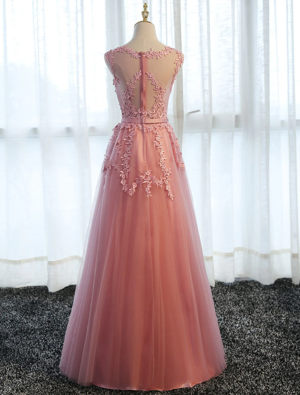 Glamorous Long Evening Dresses Lace Cameo Pink Party Dress A Line Applique Tulle Maxi Formal Dress - Image 14