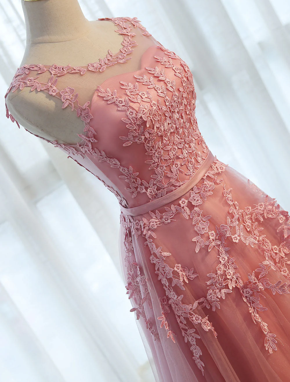 Glamorous Long Evening Dresses Lace Cameo Pink Party Dress A Line Applique Tulle Maxi Formal Dress - Image 18