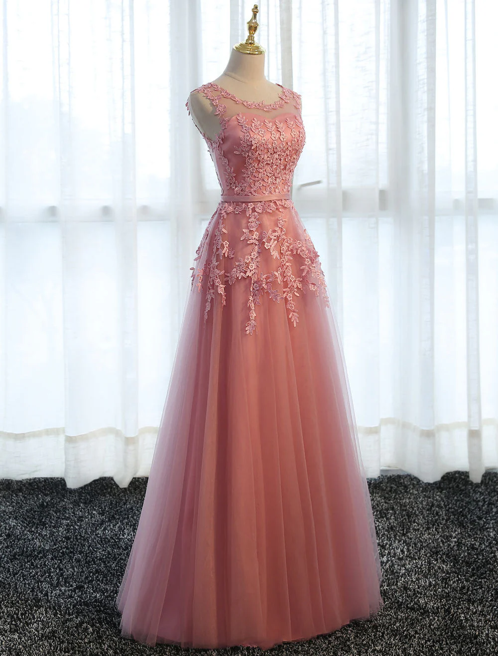 Glamorous Long Evening Dresses Lace Cameo Pink Party Dress A Line Applique Tulle Maxi Formal Dress - Image 3