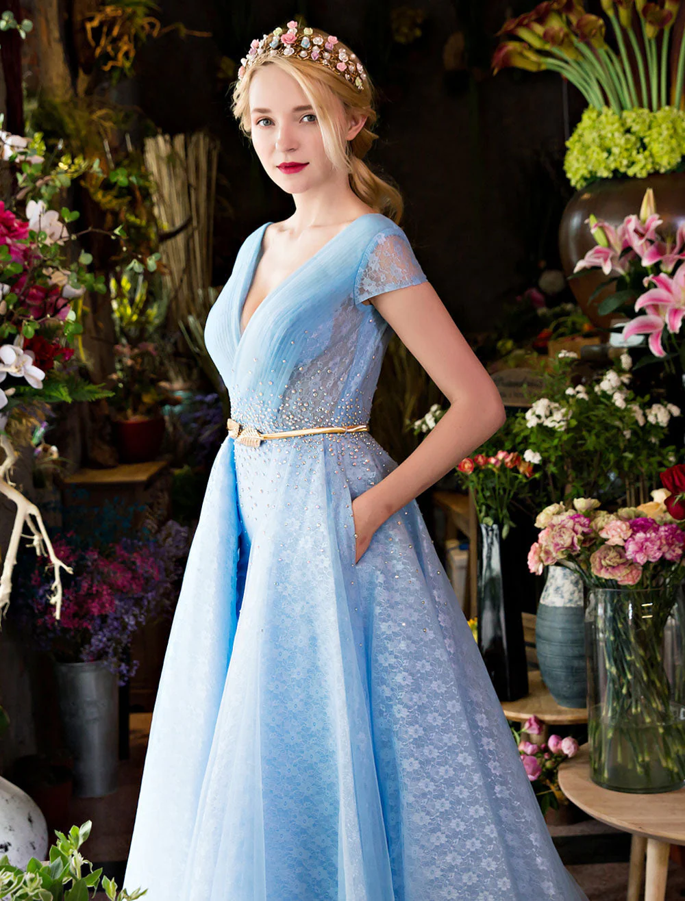 Glamorous Long Evening Dresses Luxury V Neck Rhinestones Beading Cap Sleeve Pleated Lace Tulle Baby Blue Formal Evening Dresses - Image 3