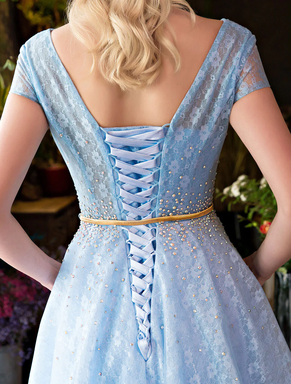 Glamorous Long Evening Dresses Luxury V Neck Rhinestones Beading Cap Sleeve Pleated Lace Tulle Baby Blue Formal Evening Dresses - Image 5