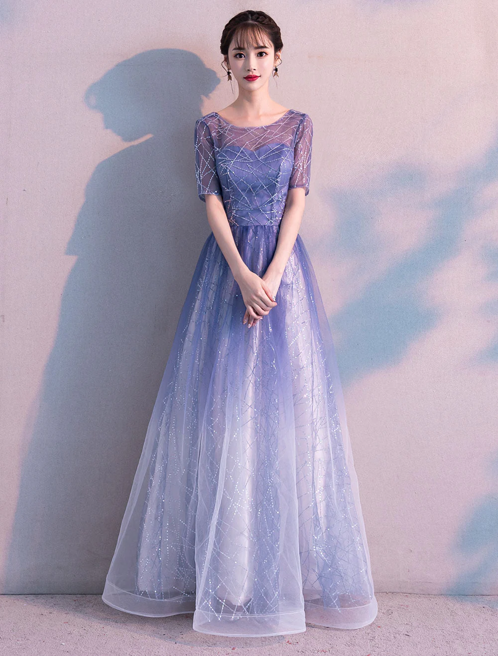 Glamorous Long Evening Dresses Ombre Tulle Sequin Half Sleeve Formal Evening Dress - Image 2