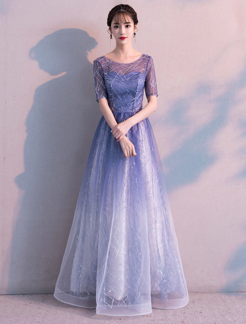 Glamorous Long Evening Dresses Ombre Tulle Sequin Half Sleeve Formal Evening Dress - Image 3