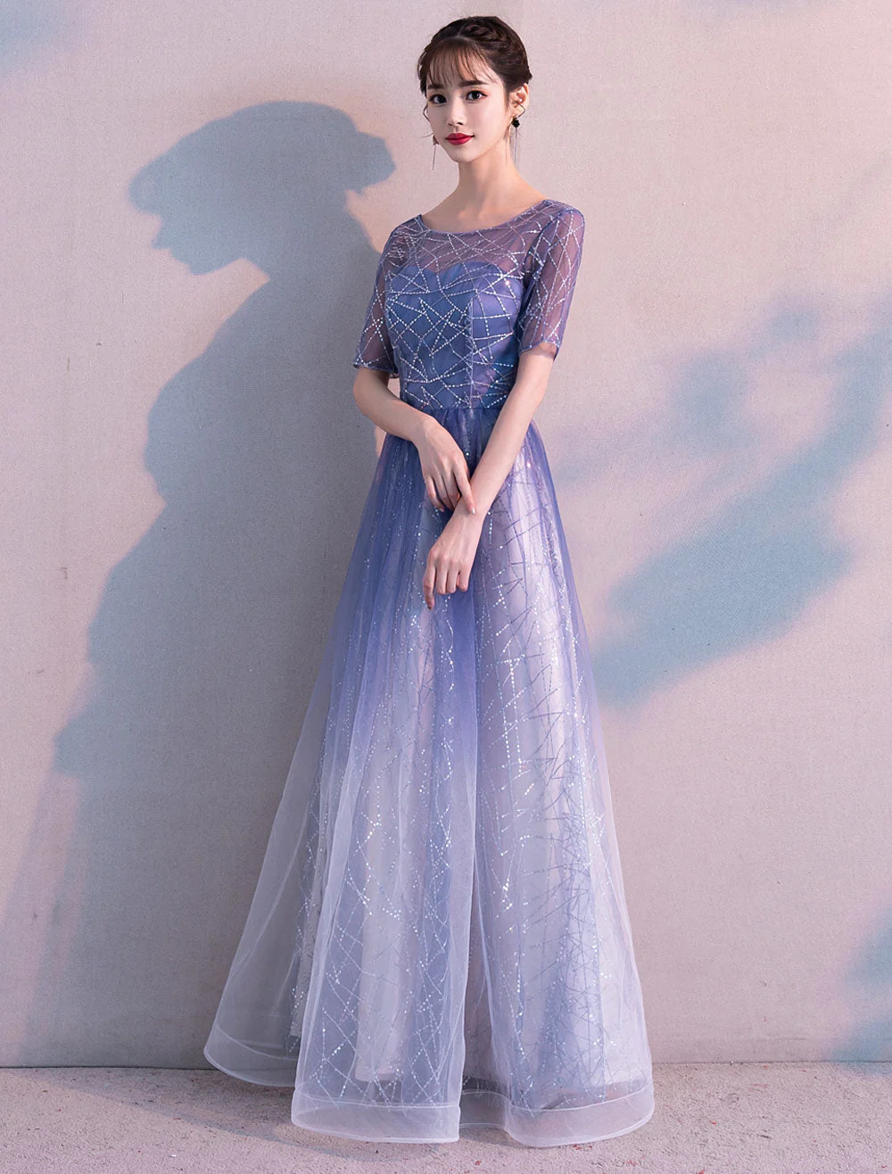 Glamorous Long Evening Dresses Ombre Tulle Sequin Half Sleeve Formal Evening Dress - Image 4