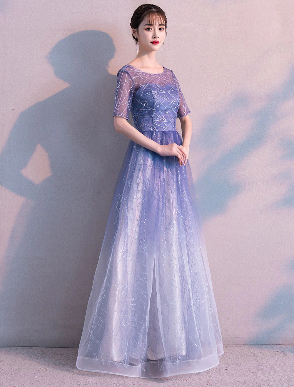 Glamorous Long Evening Dresses Ombre Tulle Sequin Half Sleeve Formal Evening Dress - Image 5