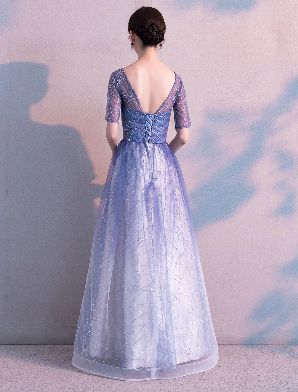 Glamorous Long Evening Dresses Ombre Tulle Sequin Half Sleeve Formal Evening Dress - Image 6