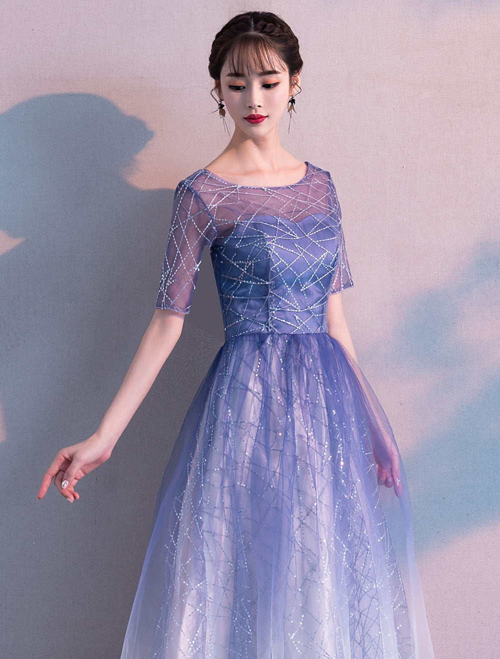 Glamorous Long Evening Dresses Ombre Tulle Sequin Half Sleeve Formal Evening Dress - Image 7