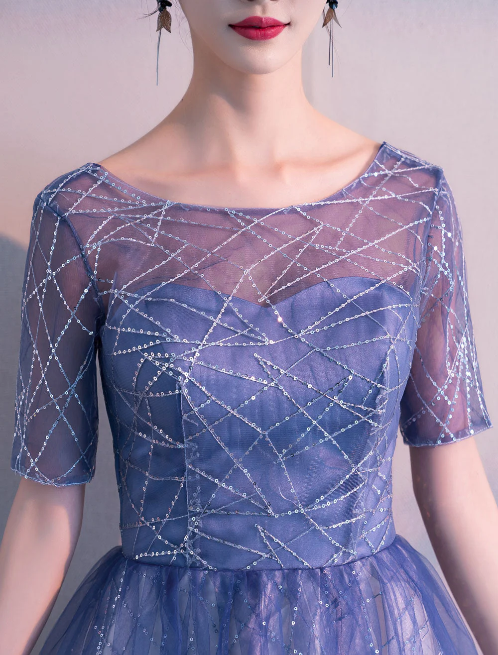 Glamorous Long Evening Dresses Ombre Tulle Sequin Half Sleeve Formal Evening Dress - Image 8