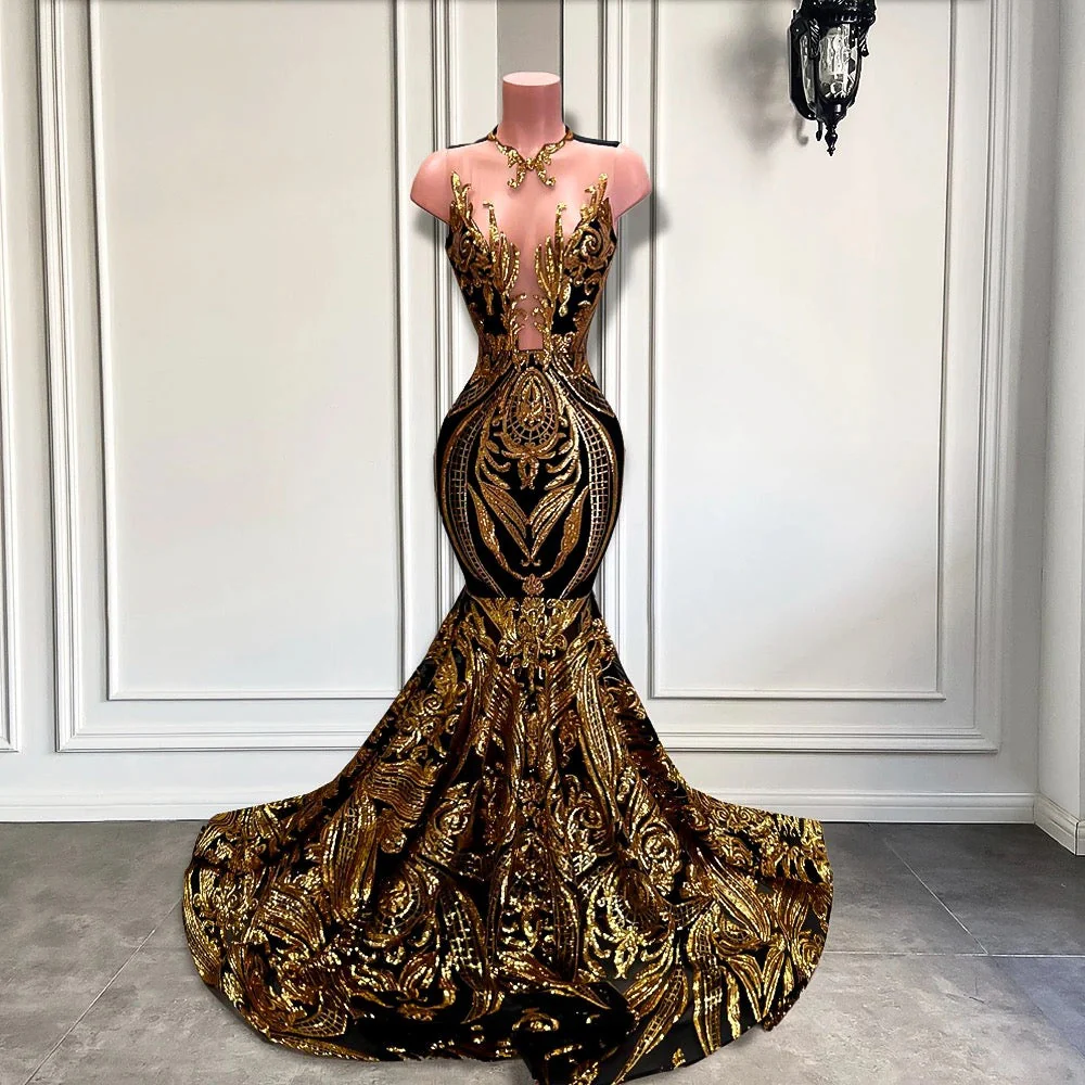 Long Sleeveless Mermaid Prom Dress with Gold Sequins - Image 2