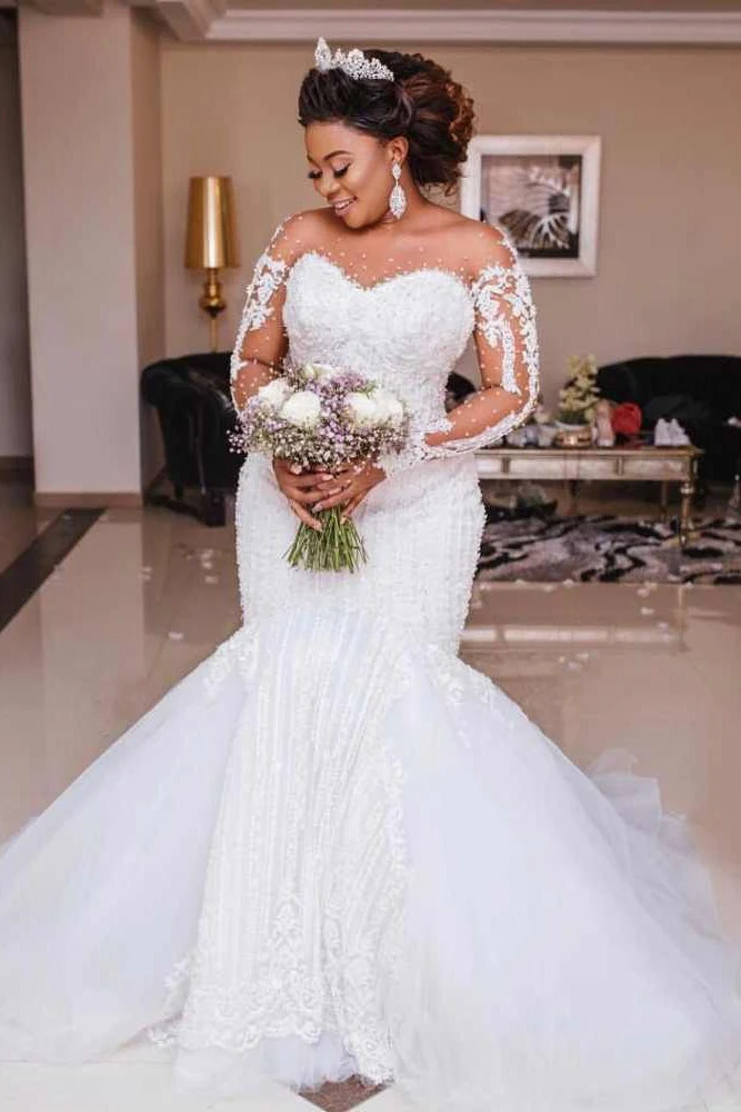 Long Sleeves Appliques Sheer Tulle Mermaid Lace Wedding Dresses Bridal Gowns - Image 2