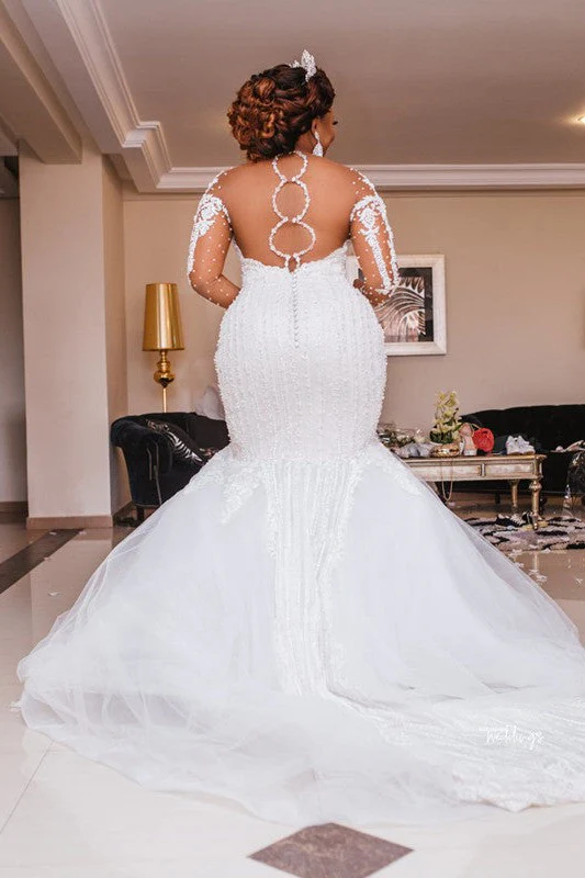 Long Sleeves Appliques Sheer Tulle Mermaid Lace Wedding Dresses Bridal Gowns - Image 3