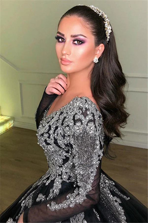 Long Sleeves Ball Gown Prom Dress Sequins Black V-Neck Long Tulle - Image 2