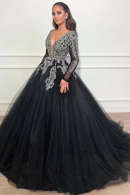 Long Sleeves Ball Gown Prom Dress Sequins Black V-Neck Long Tulle - Image 3