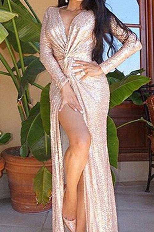 Long Sleeves Champagne Prom Dresses |Deep V-neck Sequins Chic Slit Evening Dress - Image 2