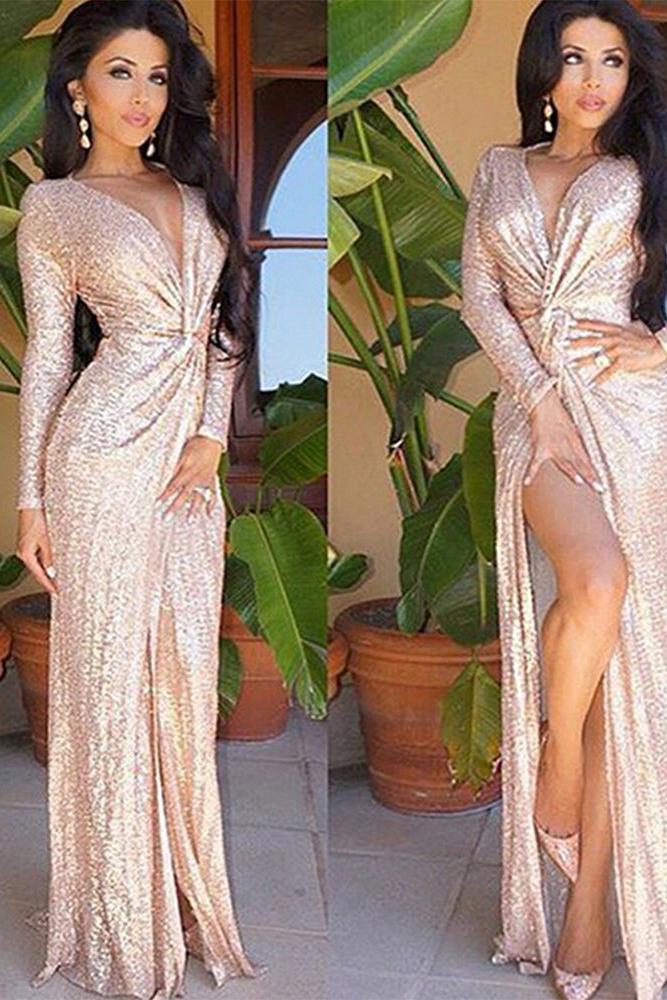Long Sleeves Champagne Prom Dresses |Deep V-neck Sequins Chic Slit Evening Dress - Image 3