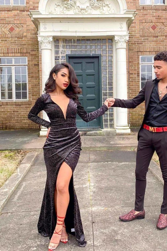 Long sleeves Deep V-neck High Split Mermaid Sparkle Black Prom Dresses - Image 2