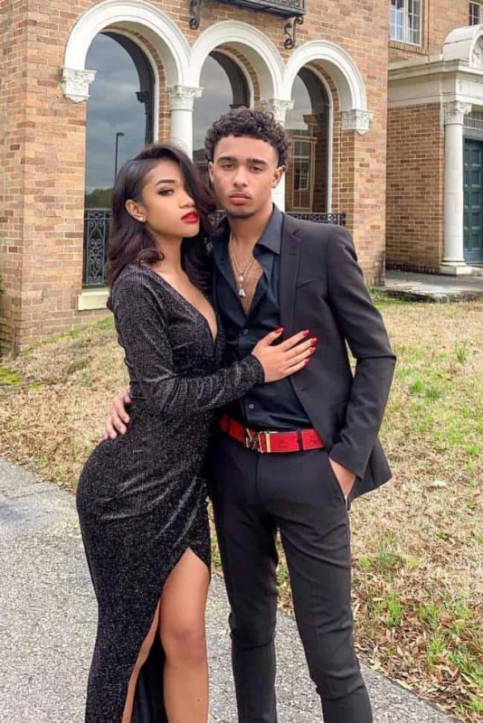 Long sleeves Deep V-neck High Split Mermaid Sparkle Black Prom Dresses - Image 4
