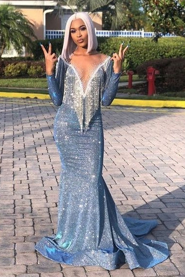 Long Sleeves Deep V-Neck Mermaid Prom Dress Sequins Royal Blue Red Long - Image 4