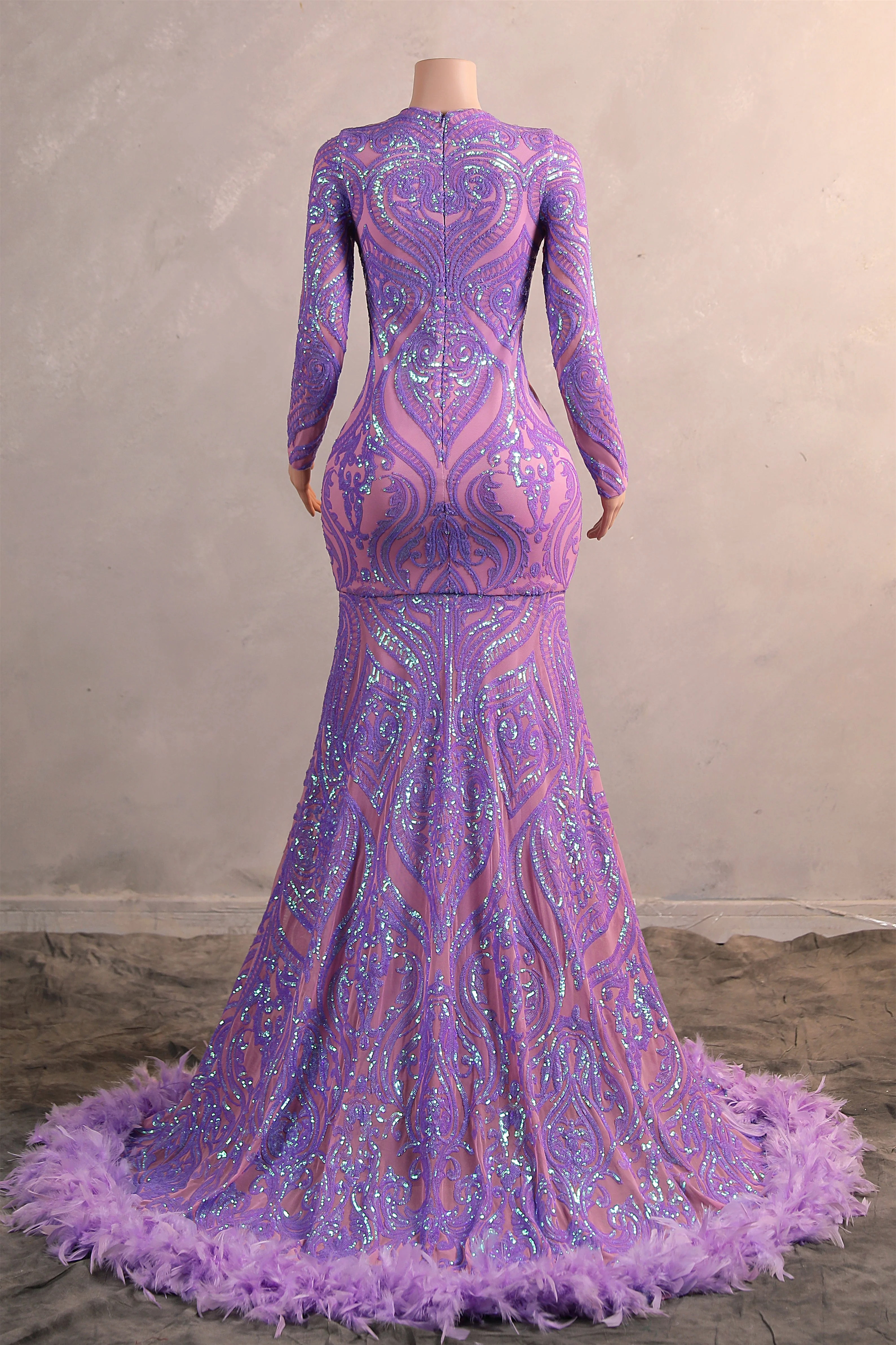 Long sleeves Feather Lilac Sequin Sparkle Mermaid Prom Dresses - Image 2