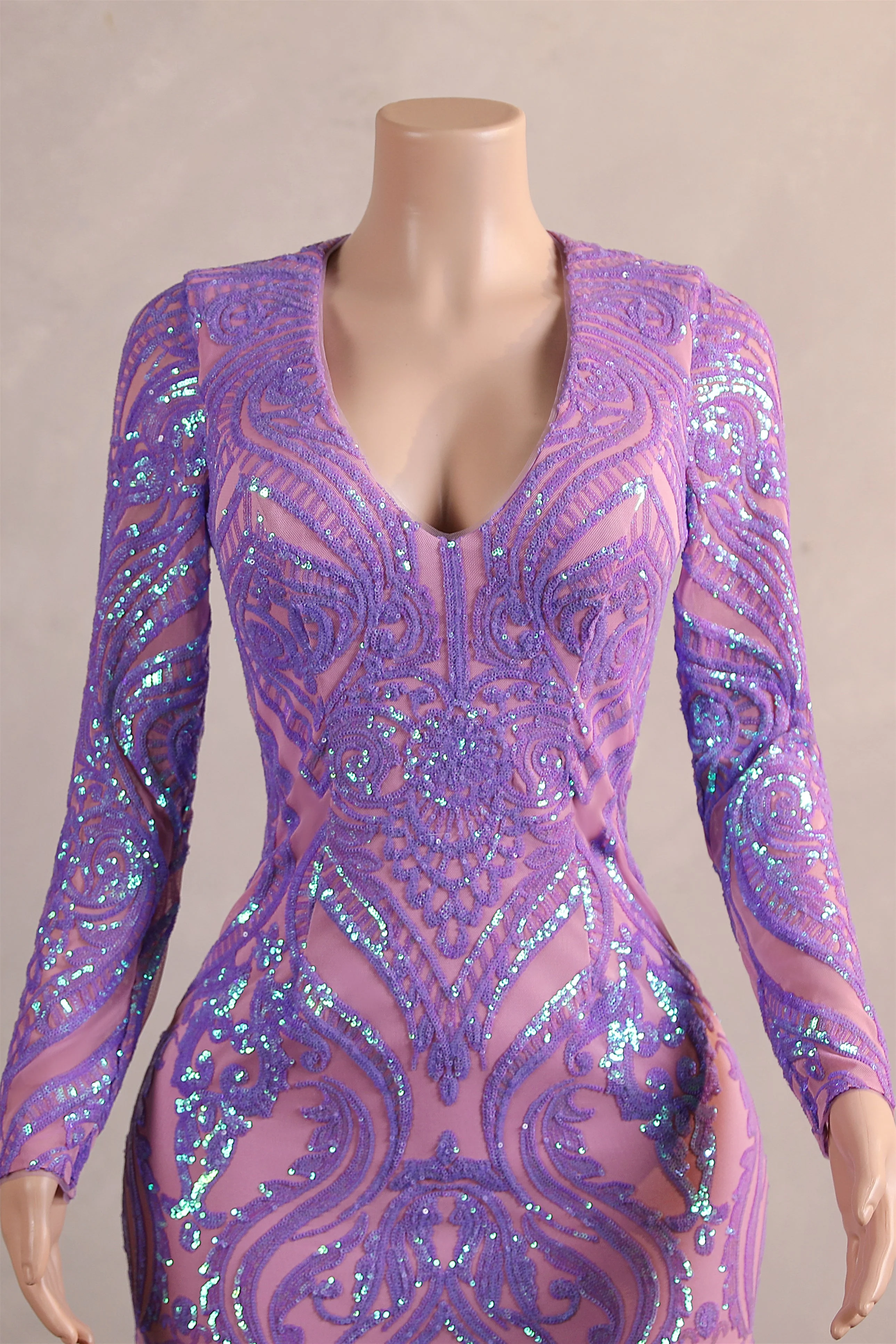 Long sleeves Feather Lilac Sequin Sparkle Mermaid Prom Dresses - Image 3