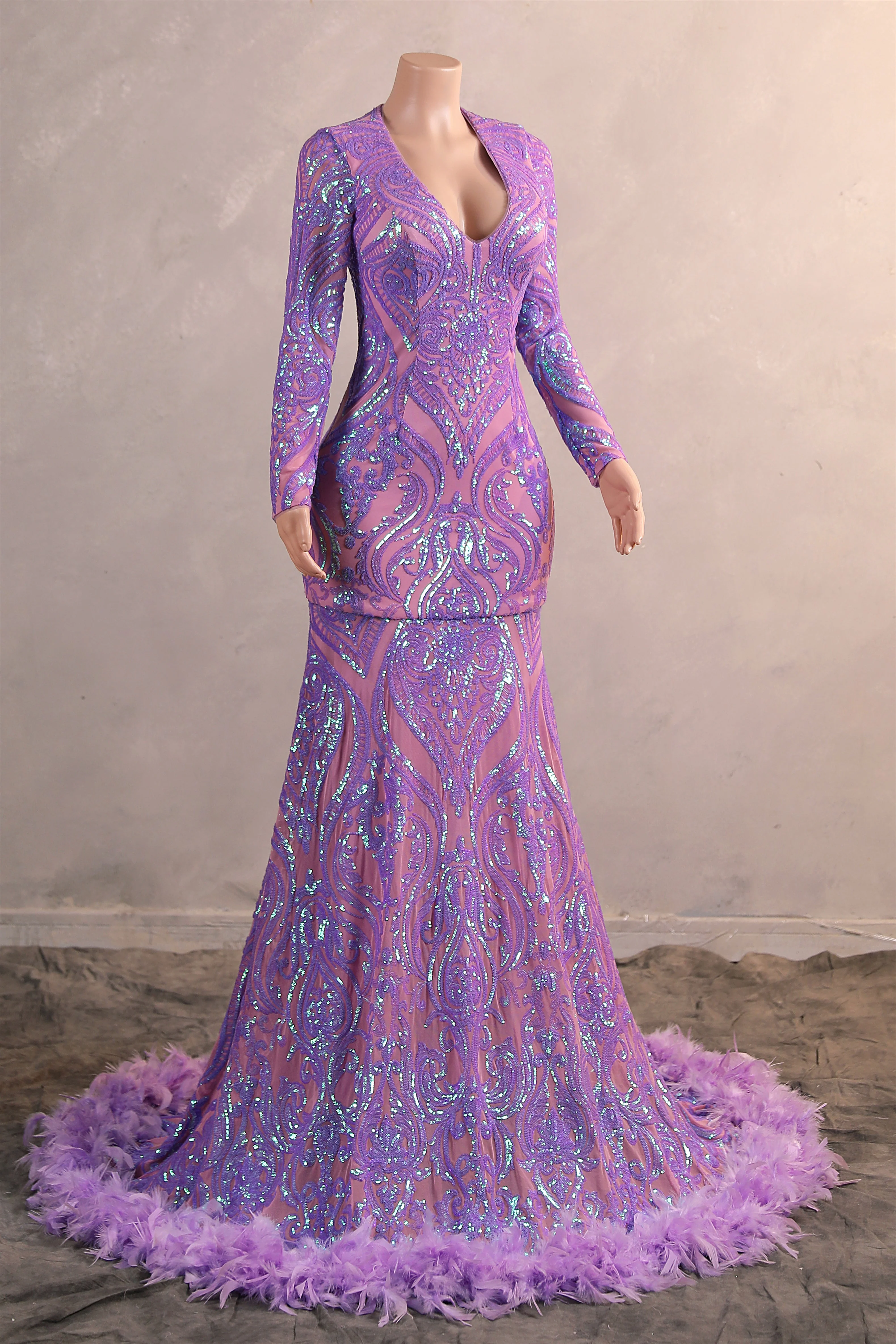 Long sleeves Feather Lilac Sequin Sparkle Mermaid Prom Dresses - Image 6