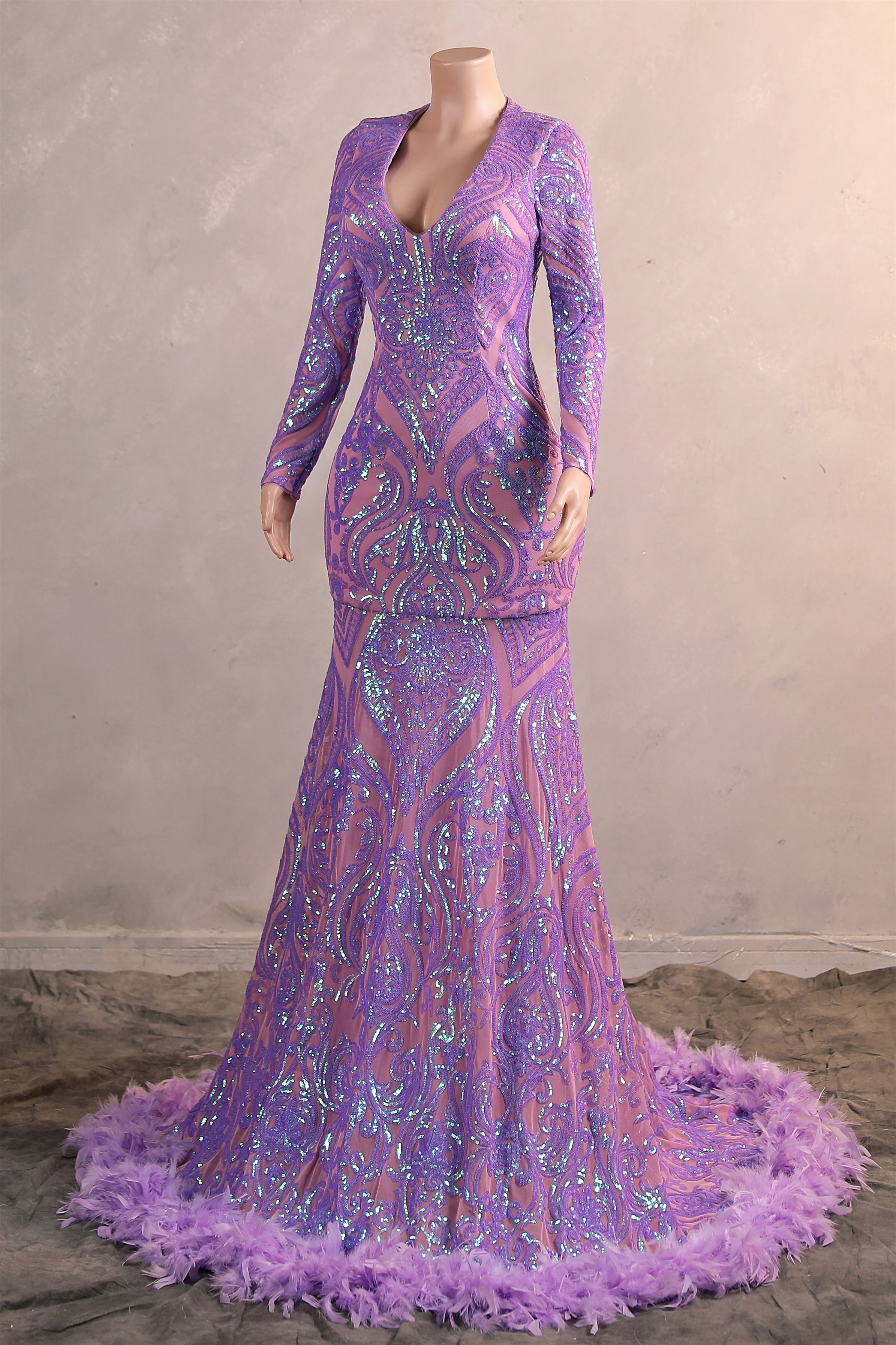 Long sleeves Feather Lilac Sequin Sparkle Mermaid Prom Dresses - Image 7