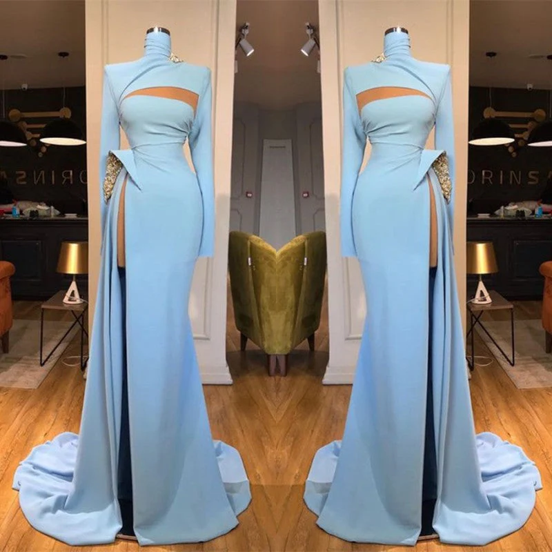 Long Sleeves High Neck Mermaid Prom Dress Long With Slit - Image 2