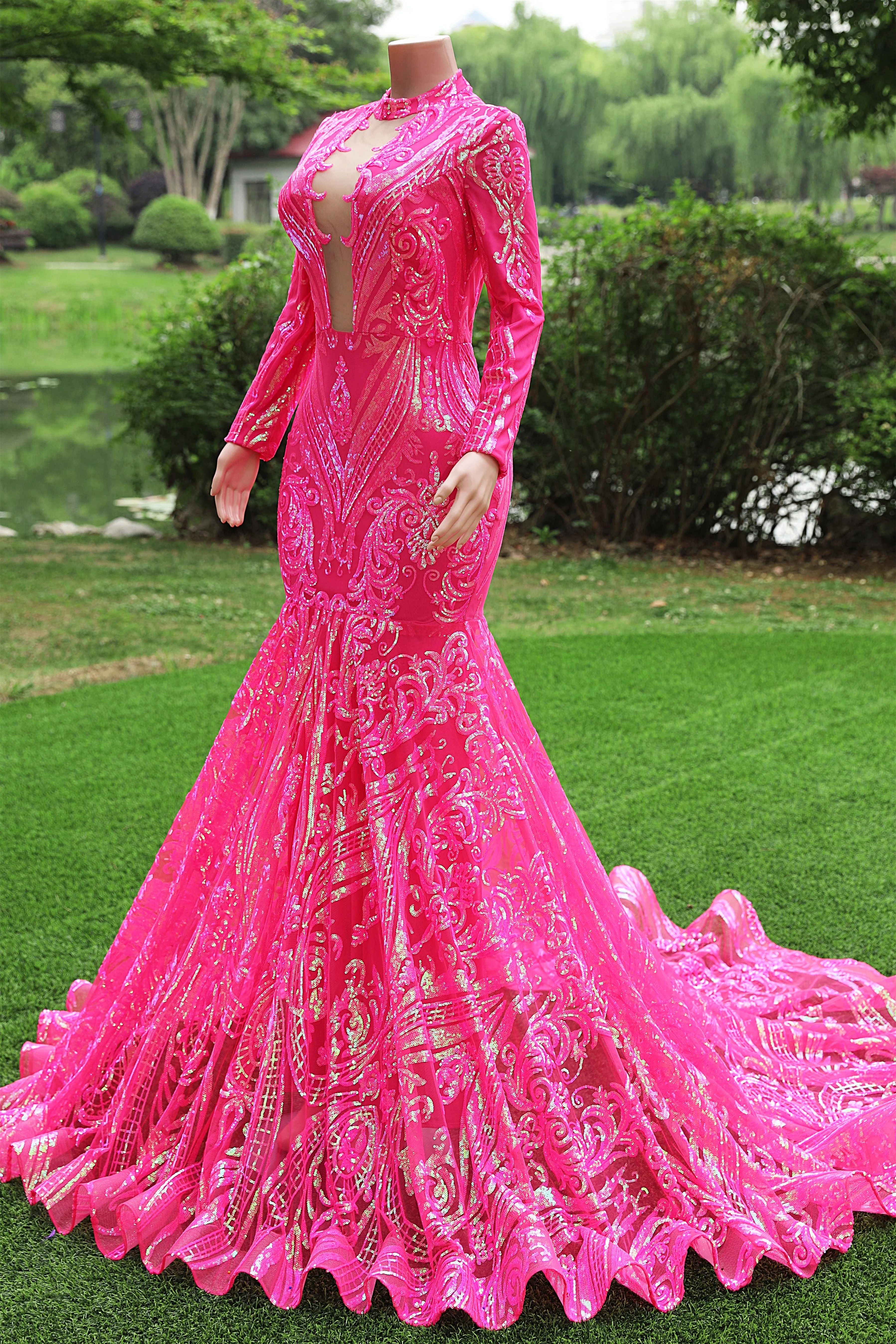 Saprkle Long sleeves Keyhole Mermaid Sequin Prom Dresses - Image 2
