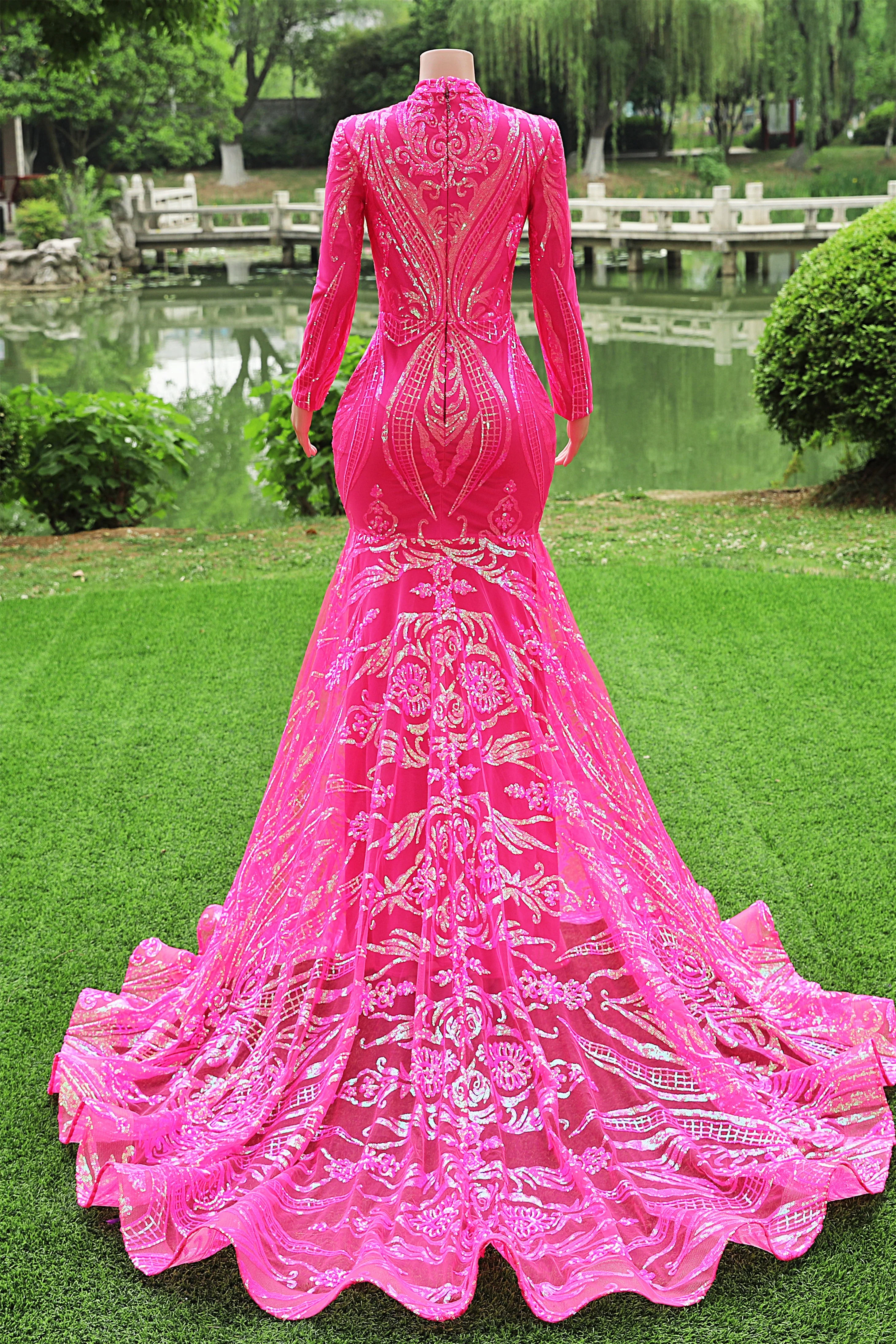 Saprkle Long sleeves Keyhole Mermaid Sequin Prom Dresses - Image 3