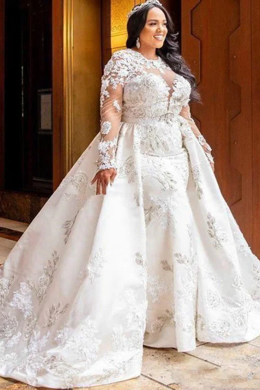 Long Sleeves Lace White Mermaid Bridal Gowns with Trendy Overskirt - Image 2