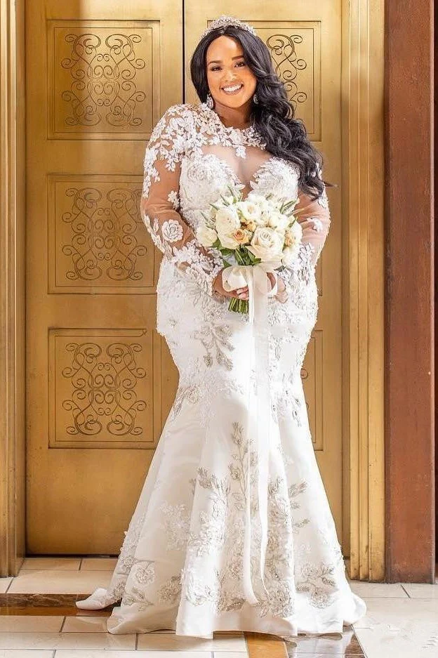 Long Sleeves Lace White Mermaid Bridal Gowns with Trendy Overskirt - Image 3