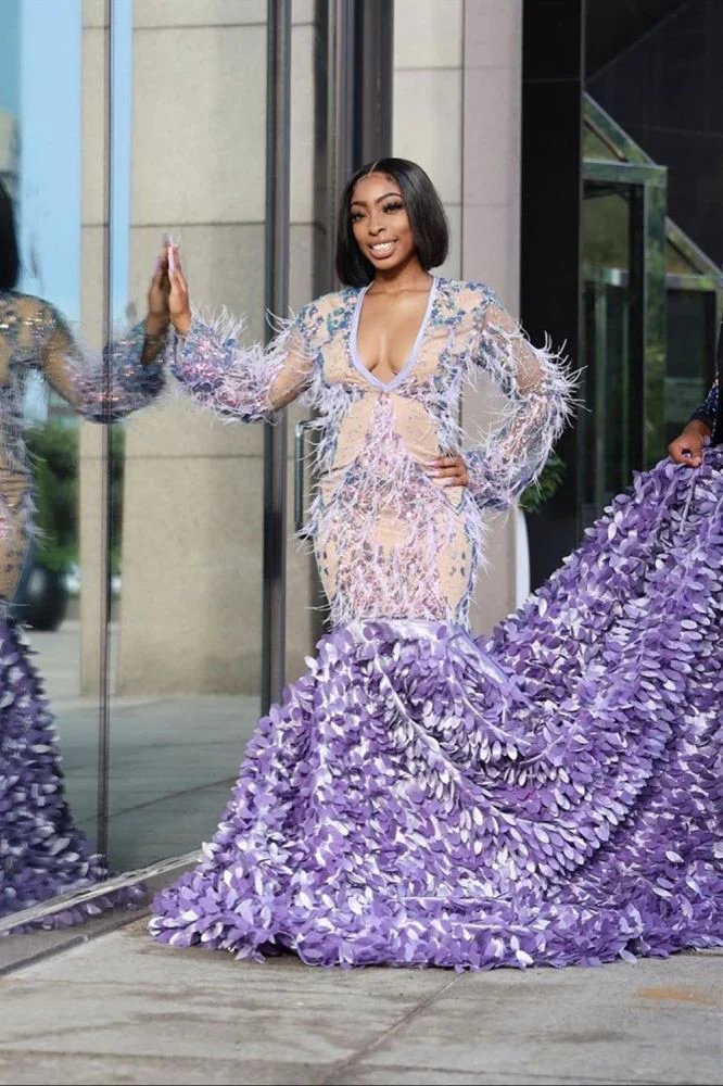 Long Sleeves Mermaid Evening Gowns Floral Pattern Sweep Train - Image 3