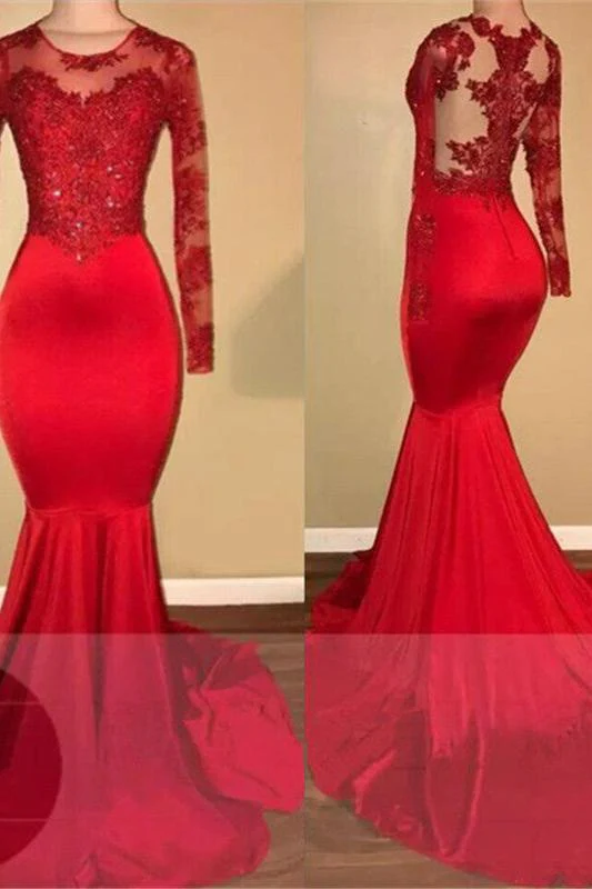 Long Sleeves Mermaid Lace Prom Dresses Red Sheer Tulle Evening Gown - Image 2
