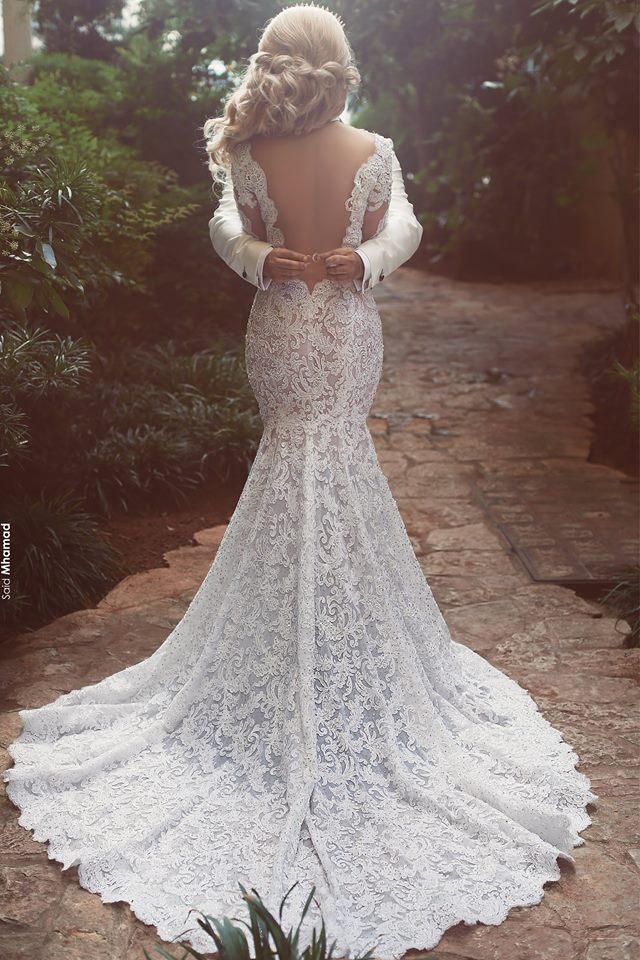 Long Sleeves Mermaid Lace Wedding Dress Modern Open Back V neck Classic Bridal Gown - Image 2