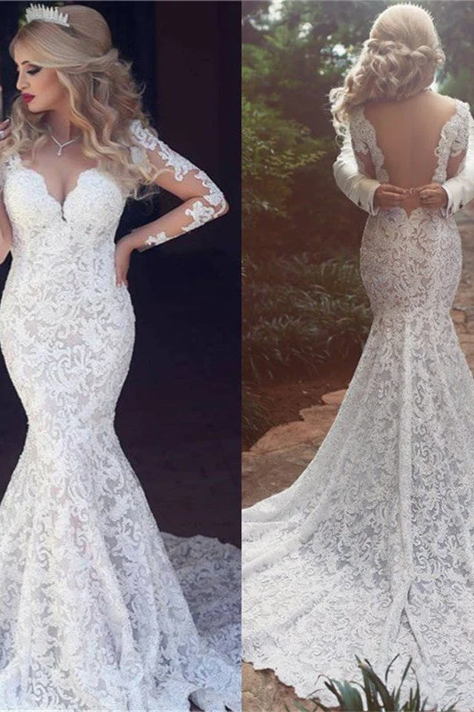 Long Sleeves Mermaid Lace Wedding Dress Modern Open Back V neck Classic Bridal Gown - Image 3