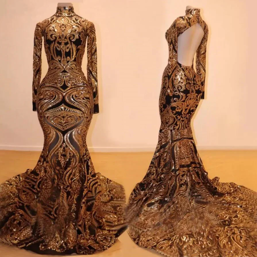 Long Sleeves Mermaid Prom Dress Gold Appliques Open Back - Image 2