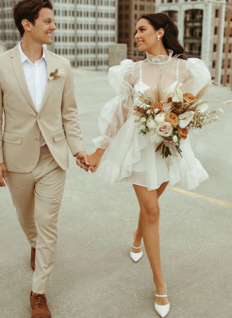 Long Sleeves Mini White Short Summer Wedding Dresses - Image 2