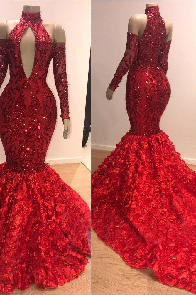 Long Sleeves Modest Halter Mermaid Prom Dress Sequins Long Red - Image 2