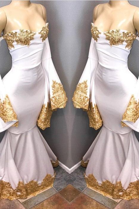Long Sleeves Prom Party Gowns with gold appliques, mermaid evening dress - Image 2