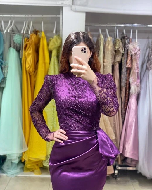 Long Sleeves Purple Mermaid Evening Gown with Lace Appliques - Image 2