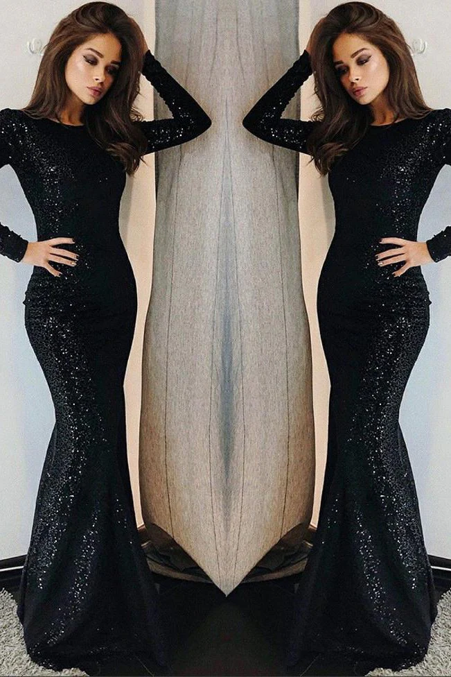 Long Sleeves Round Collar Mermaid Prom Dress Black Sequins Long Chiffon - Image 2