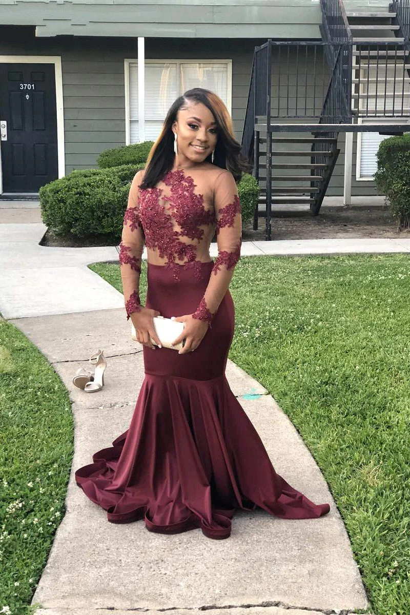 Long Sleeves Round Collar Mermaid Prom Dress Burgundy Applique Long Chiffon - Image 3