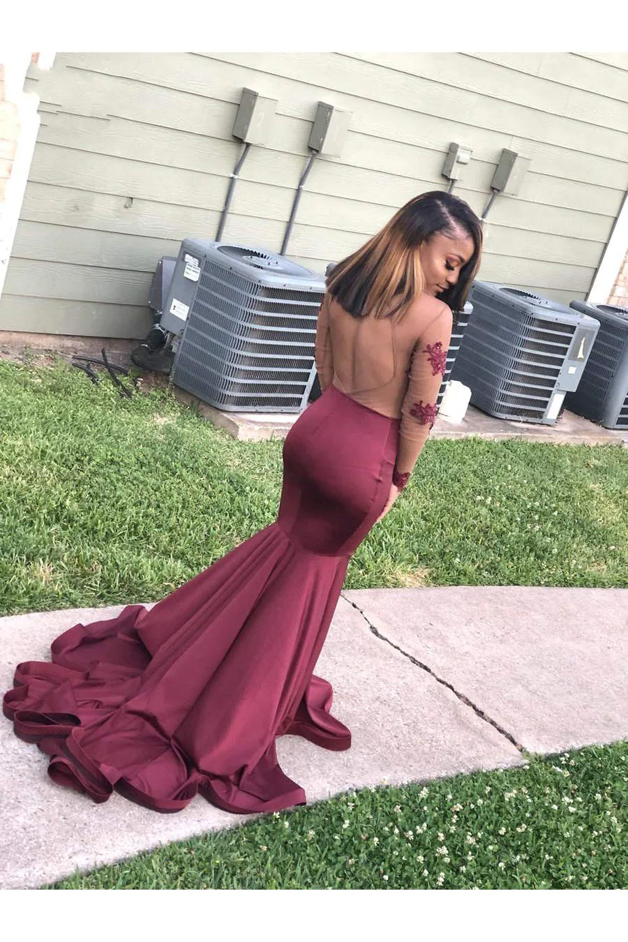 Long Sleeves Round Collar Mermaid Prom Dress Burgundy Applique Long Chiffon - Image 4
