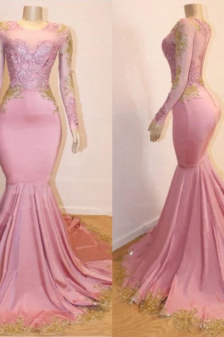 Long Sleeves Round Collar Mermaid Prom Dress Sequins Pink Long Chiffon - Image 3