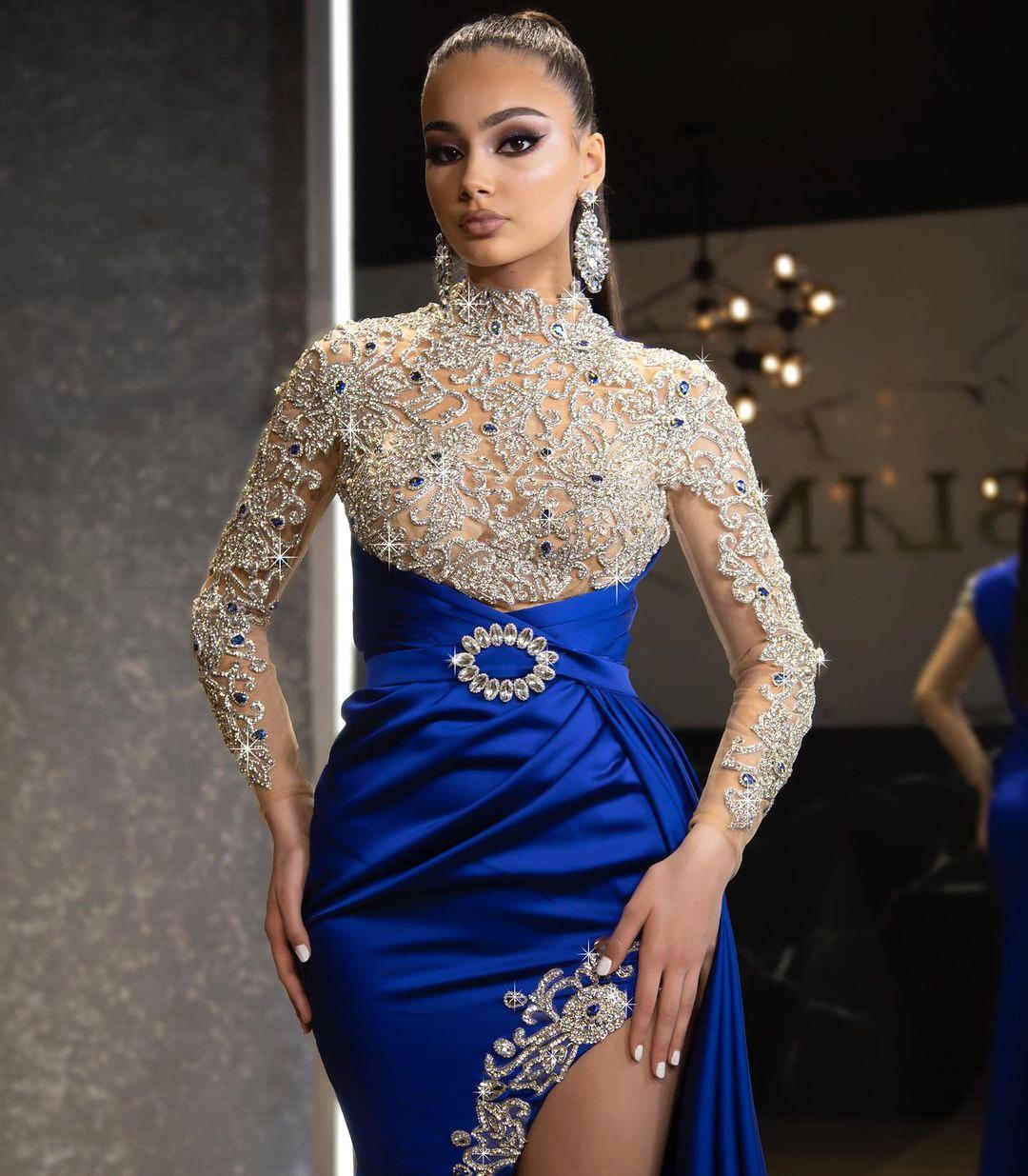 Long sleeves Royal blue High split Sparkle beaded Prom Dresses - Image 2