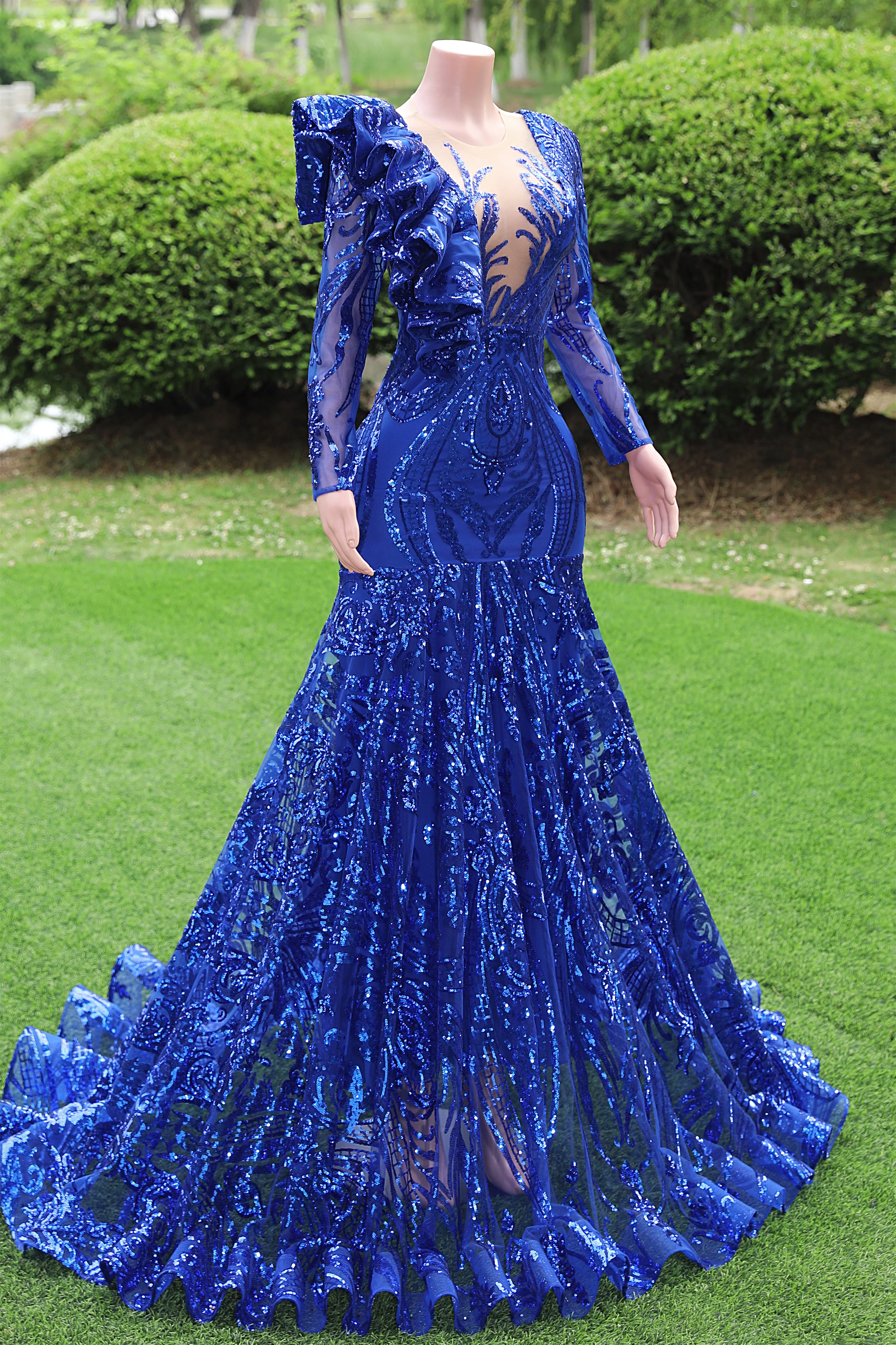 Long sleeves Royal Blue Mermaid Ruffles V-neck Floor length Prom Dresses - Image 4