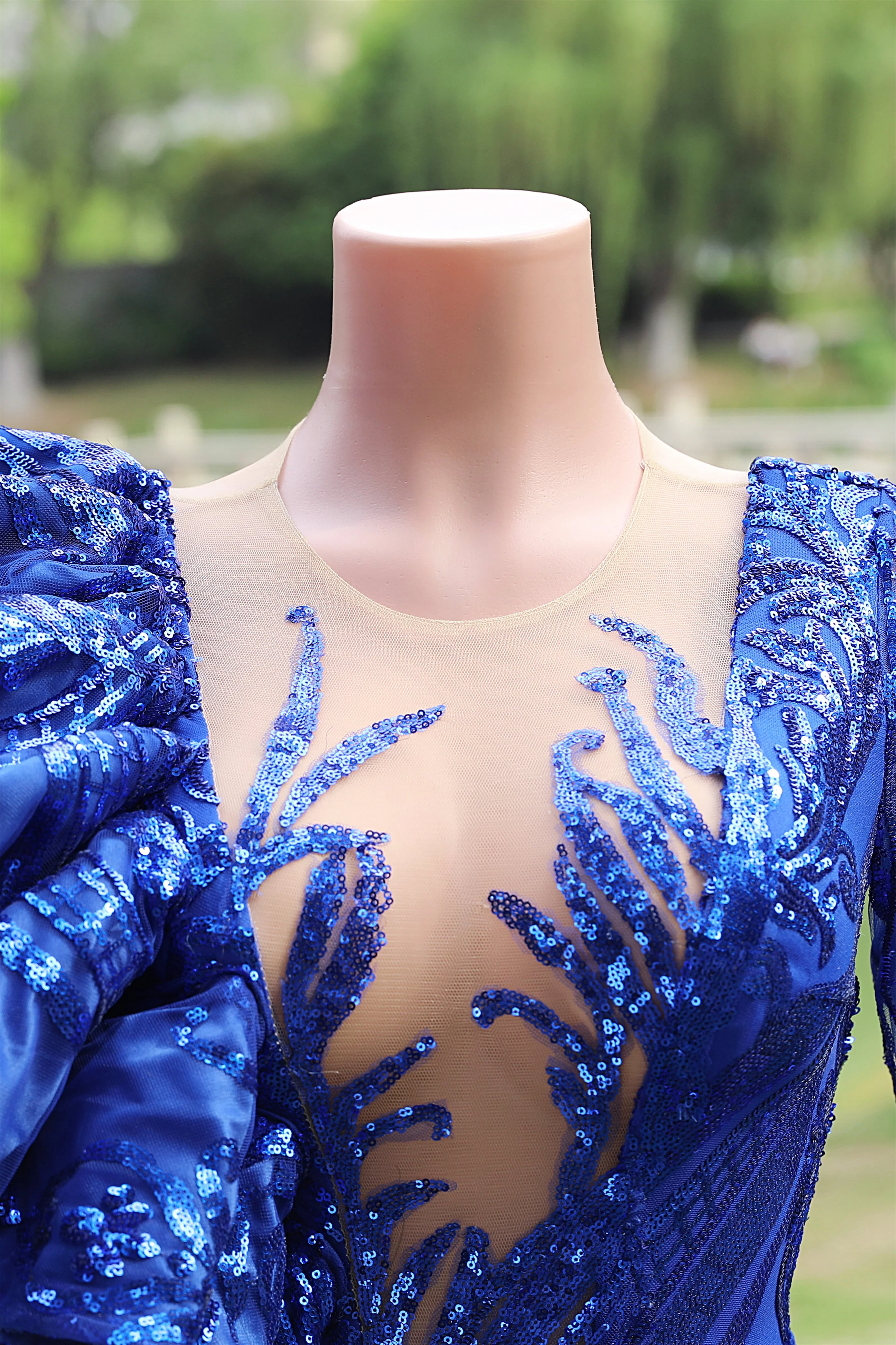 Long sleeves Royal Blue Mermaid Ruffles V-neck Floor length Prom Dresses - Image 5