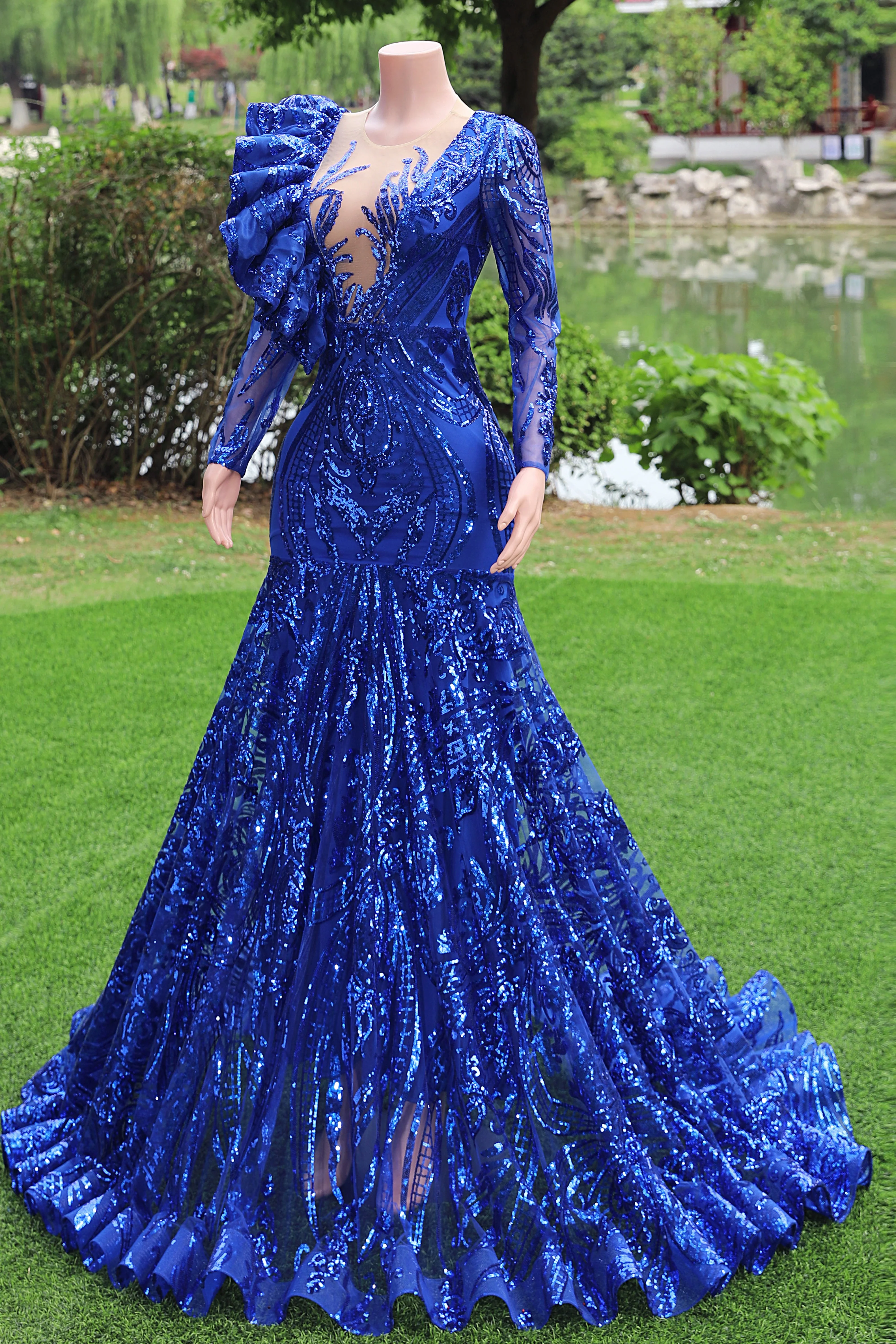 Long sleeves Royal Blue Mermaid Ruffles V-neck Floor length Prom Dresses - Image 6